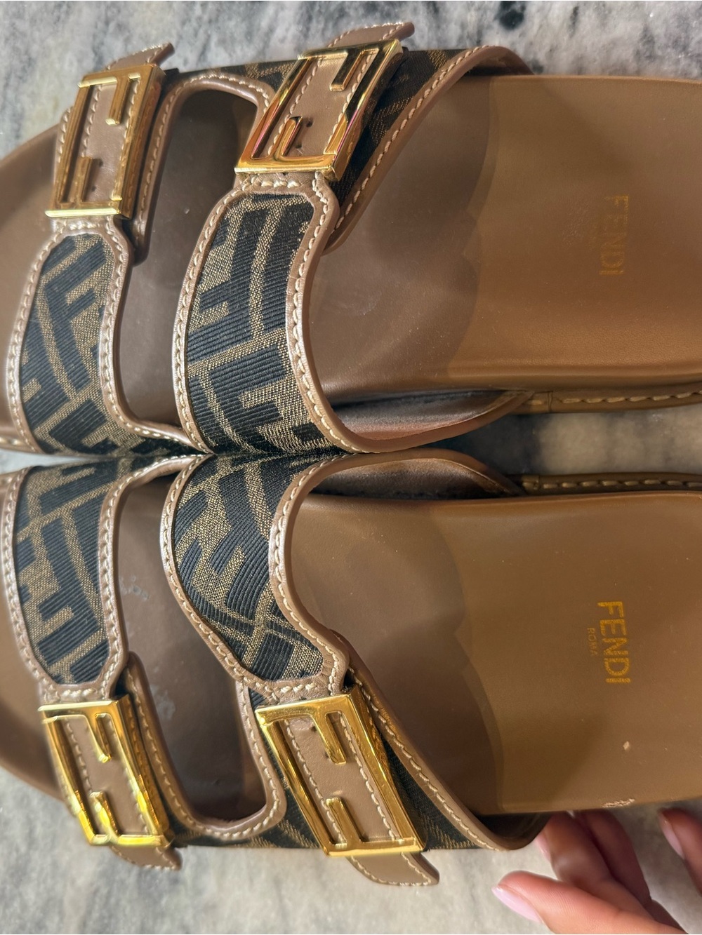 Fendi Brown and Black FF Logo Double-Buckle Slide Sandals